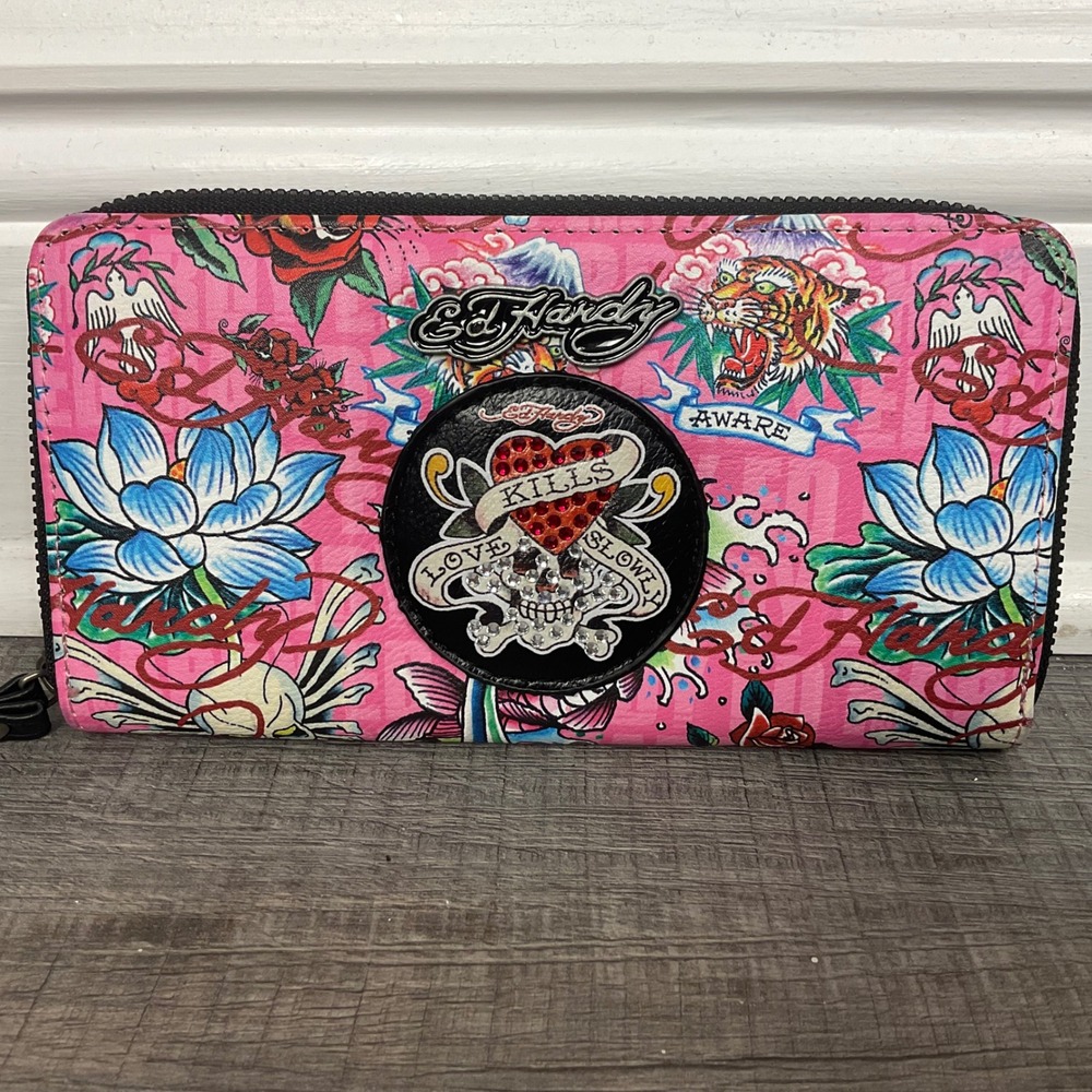 Pink Ed Hardy wallet skull rhinestones tiger love kills slowly maximalist y2k